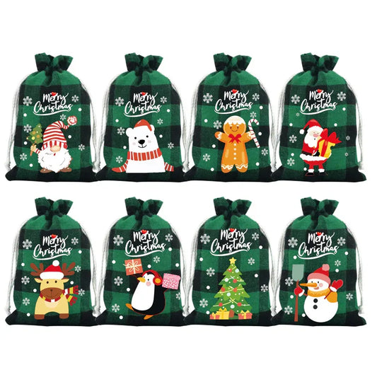 Green grid Christmas Gift Drawstring Bags Set - Festive Burlap Style Pouches for Candy & Apples - Holiday Decoration - 10 Pcs - Mekamart Australia