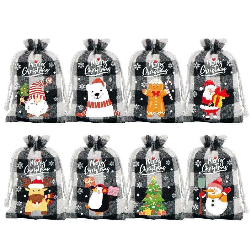 Black and white checkered Christmas Gift Drawstring Bags Set - Festive Burlap Style Pouches for Candy & Apples - Holiday Decoration - 10 Pcs - Mekamart Australia