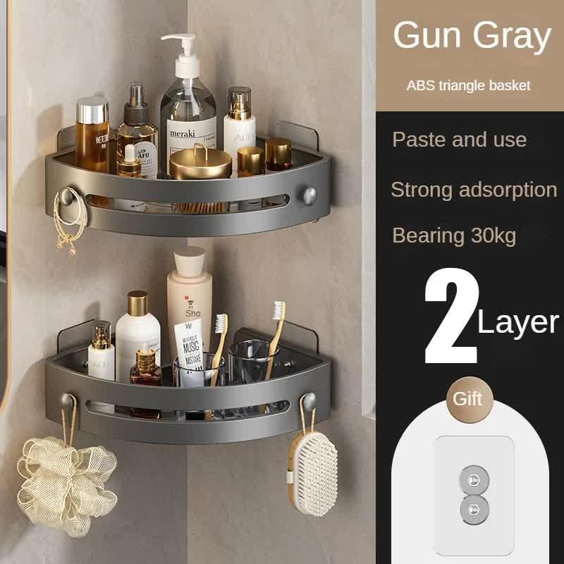 Two layers of gun gray Premium No-Drill Corner Shower Caddy - Thickened ABS Bathroom Storage Shelf with Hooks, Quick Wall Mount Organiser - Mekamart Australia