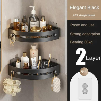 Two layers of elegant black Premium No-Drill Corner Shower Caddy - Thickened ABS Bathroom Storage Shelf with Hooks, Quick Wall Mount Organiser - Mekamart Australia