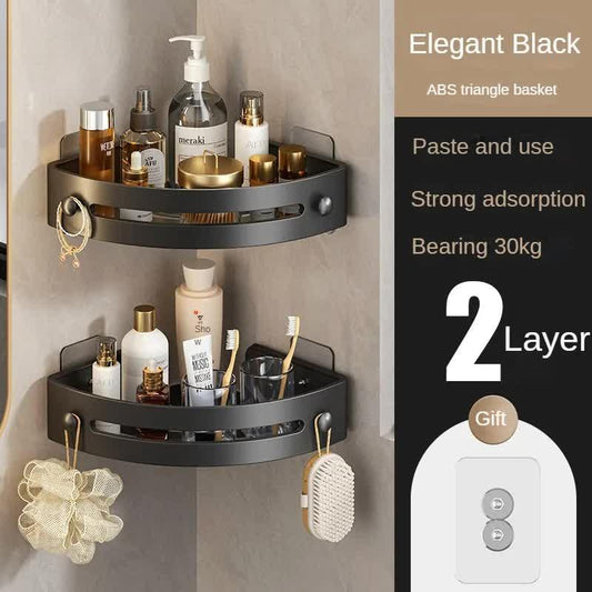 Two layers of elegant black Premium No-Drill Corner Shower Caddy - Thickened ABS Bathroom Storage Shelf with Hooks, Quick Wall Mount Organiser - Mekamart Australia