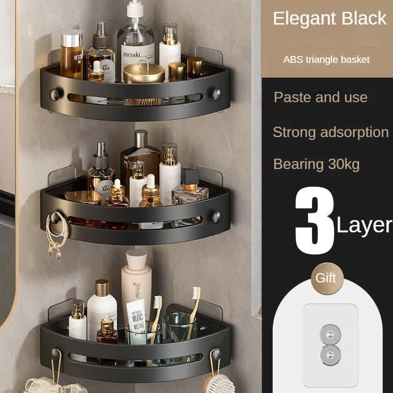 Three layers of elegant black Premium No-Drill Corner Shower Caddy - Thickened ABS Bathroom Storage Shelf with Hooks, Quick Wall Mount Organiser - Mekamart Australia