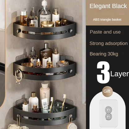 Three layers of elegant black Premium No-Drill Corner Shower Caddy - Thickened ABS Bathroom Storage Shelf with Hooks, Quick Wall Mount Organiser - Mekamart Australia