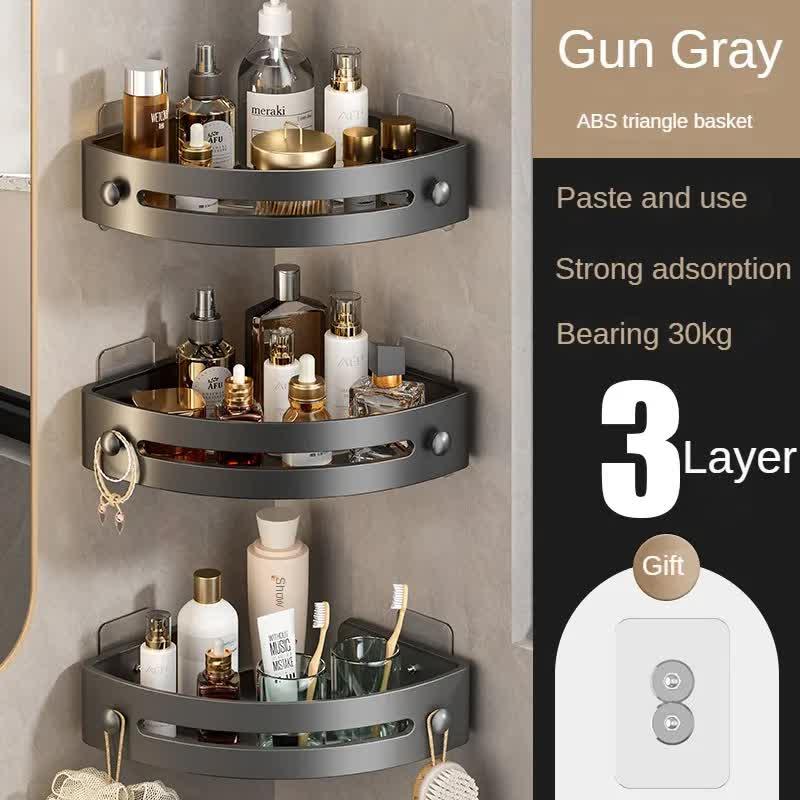 Three layers of gun gray Premium No-Drill Corner Shower Caddy - Thickened ABS Bathroom Storage Shelf with Hooks, Quick Wall Mount Organiser - Mekamart Australia