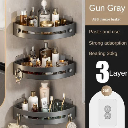 Three layers of gun gray Premium No-Drill Corner Shower Caddy - Thickened ABS Bathroom Storage Shelf with Hooks, Quick Wall Mount Organiser - Mekamart Australia