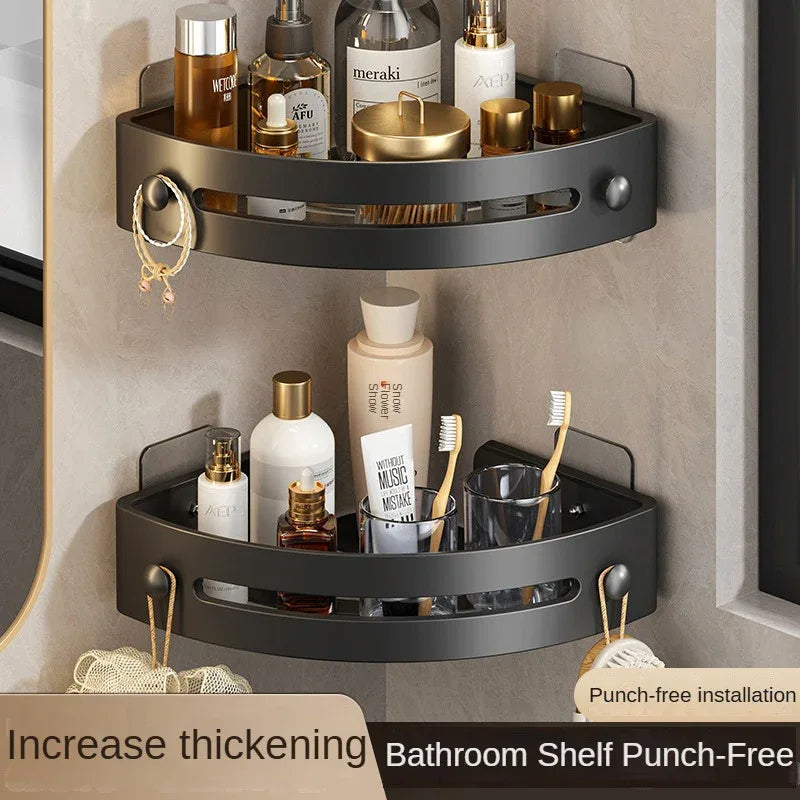 Three layers of gun gray Premium No-Drill Corner Shower Caddy - Thickened ABS Bathroom Storage Shelf with Hooks, Quick Wall Mount Organiser - Mekamart Australia