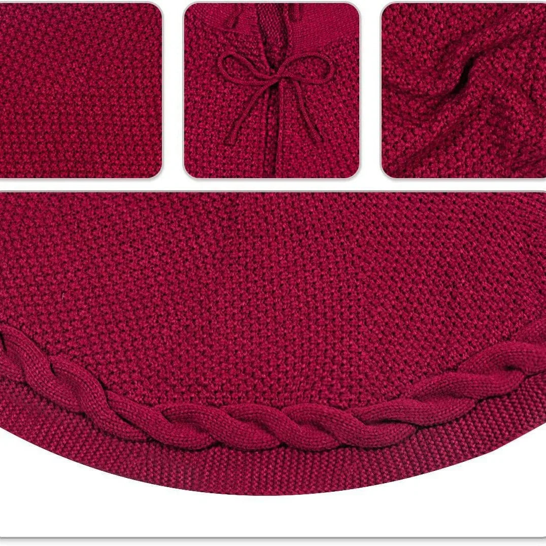 Red Luxury Knit Christmas Tree Skirt with Cable-Knit Border - Rustic Holiday Decor(62cm) - Mekamart Australia