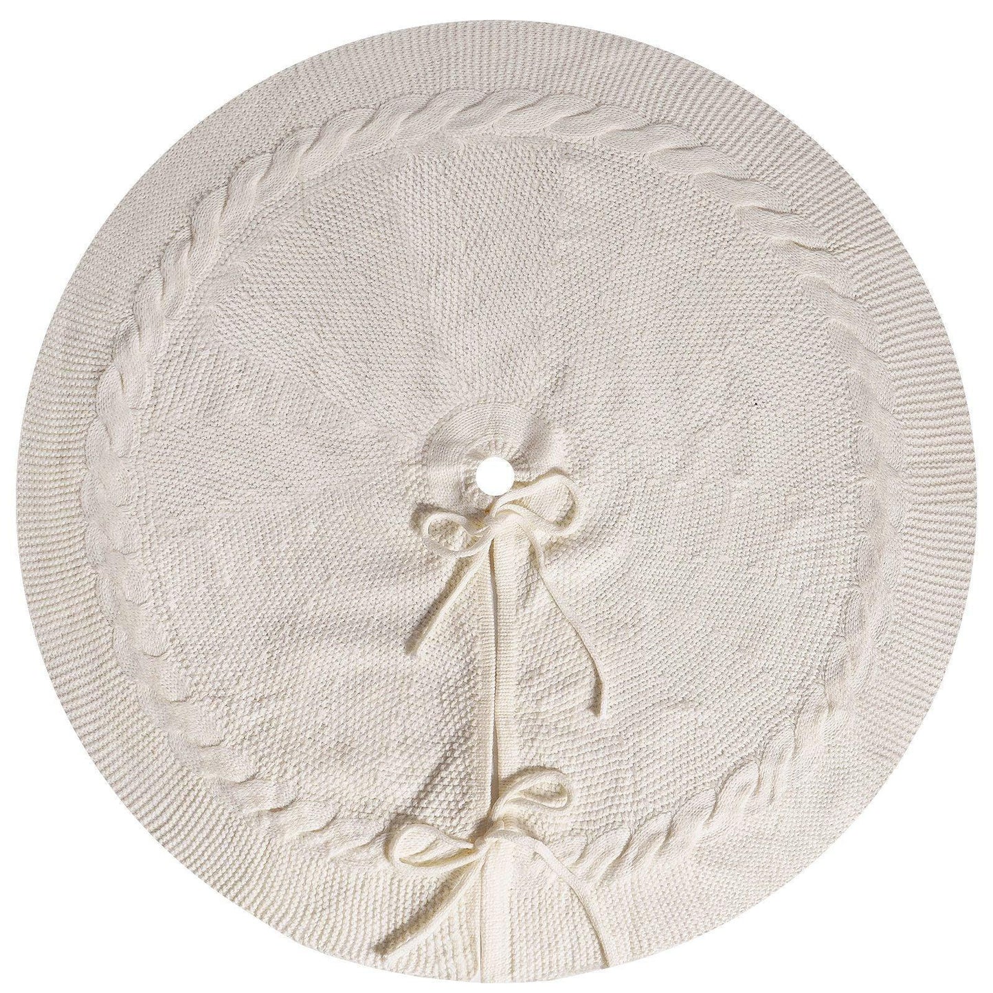 White Luxury Knit Christmas Tree Skirt with Cable-Knit Border - Rustic Holiday Decor(62cm) - Mekamart Australia