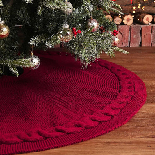 Red Luxury Knit Christmas Tree Skirt with Cable-Knit Border - Rustic Holiday Decor(92cm) - Mekamart Australia