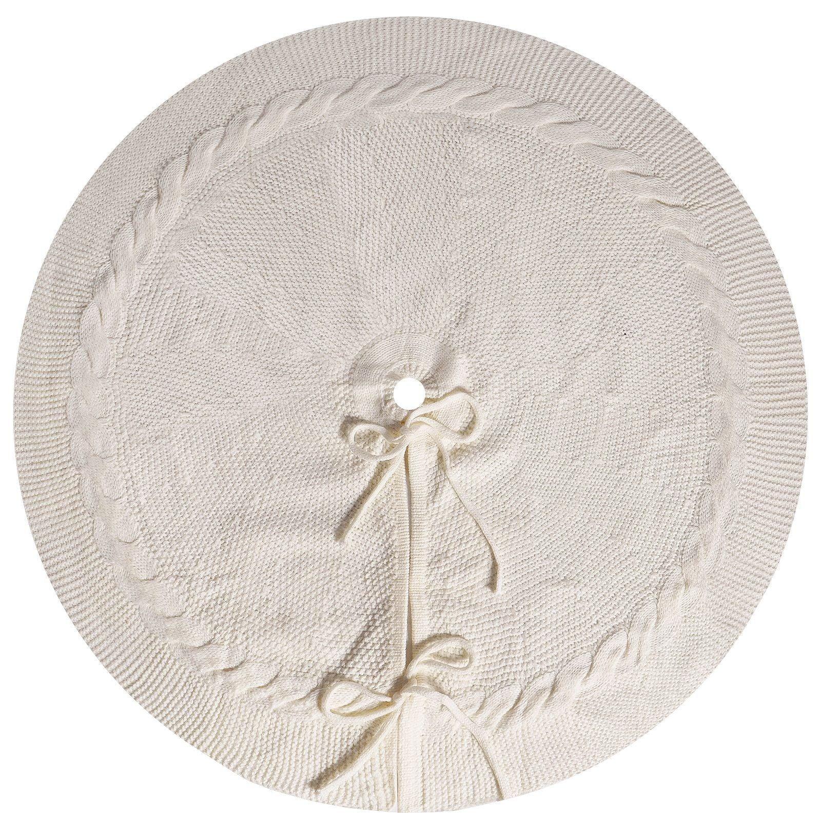 White Luxury Knit Christmas Tree Skirt with Cable-Knit Border - Rustic Holiday Decor(92cm) - Mekamart Australia