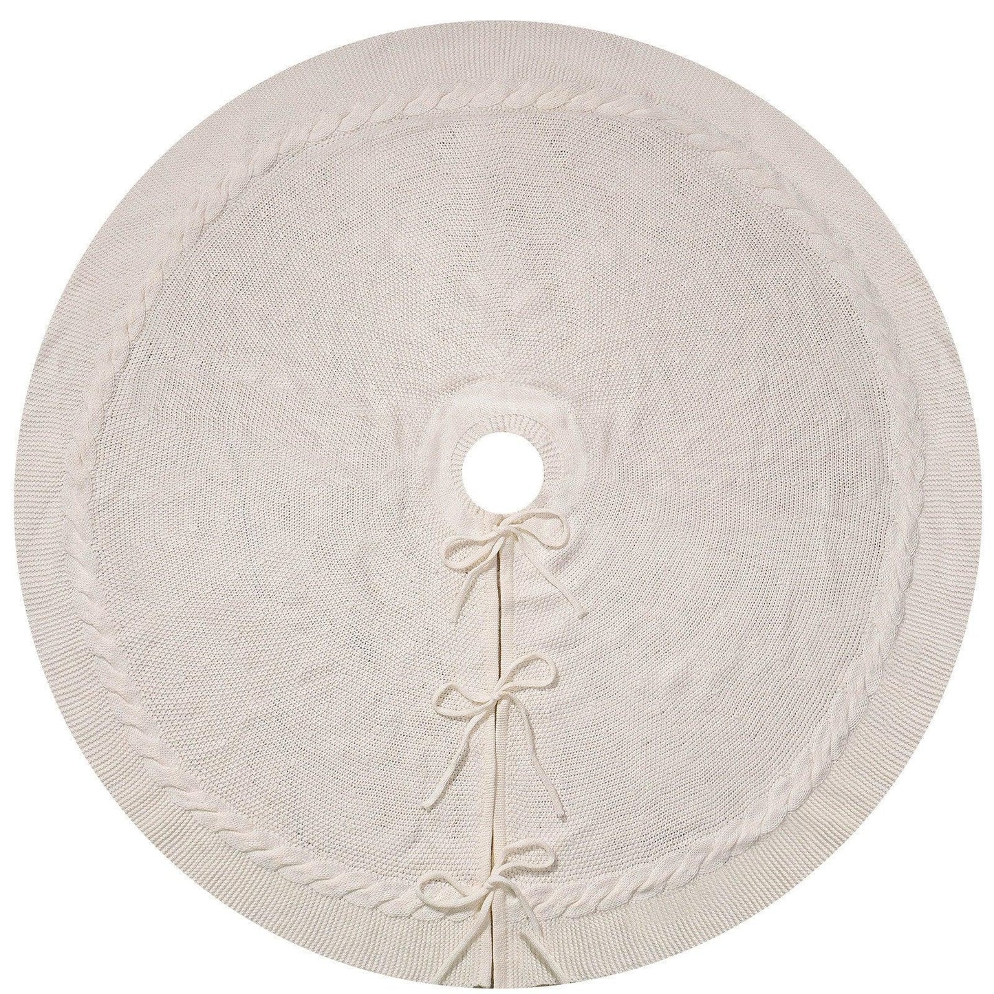 White Luxury Knit Christmas Tree Skirt with Cable-Knit Border - Rustic Holiday Decor(122cm) - Mekamart Australia
