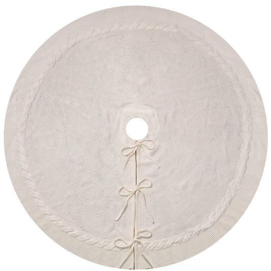 White Luxury Knit Christmas Tree Skirt with Cable-Knit Border - Rustic Holiday Decor(122cm) - Mekamart Australia