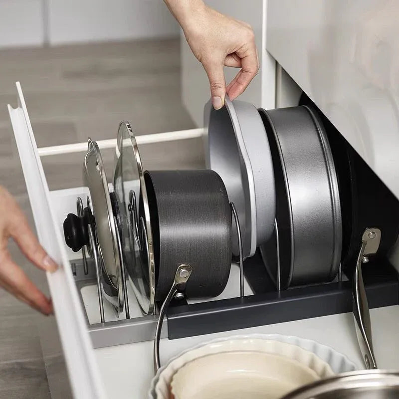 Grey Expandable Pan & Pot Lid Organizer Rack - Adjustable Kitchen Cabinet Storage Holder for Bakeware & Cutting Boards - Mekamart Australia