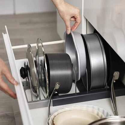 Grey Expandable Pan & Pot Lid Organizer Rack - Adjustable Kitchen Cabinet Storage Holder for Bakeware & Cutting Boards - Mekamart Australia