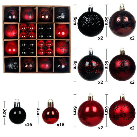 Black and red 44-Piece Assorted Christmas Baubles Set with Elegant Designs in Wooden Gift Box - 3-6cm Decorative Ornaments for Tree, Home & Holiday Display - Mekamart Australia