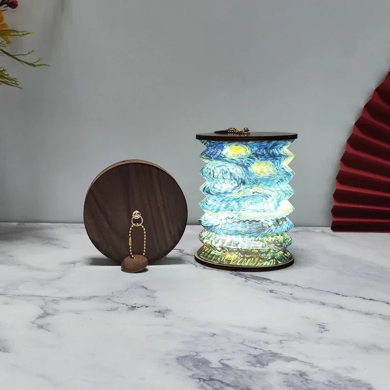 Foldable Telescopic Lantern Lamp - 3 Light Modes, USB Rechargeable, Wood/Paper Finish(Starry Night by Van Gogh) - Mekamart Australia