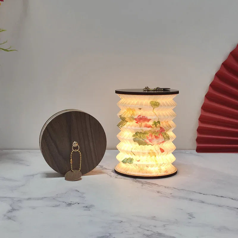 Foldable Telescopic Lantern Lamp - 3 Light Modes, USB Rechargeable, Wood/Paper Finish(Lotus Painting) - Mekamart Australia