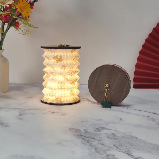 Foldable Telescopic Lantern Lamp - 3 Light Modes, USB Rechargeable, Wood/Paper Finish(Good Luck and Happiness) - Mekamart Australia