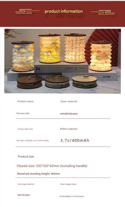 Foldable Telescopic Lantern Lamp - 3 Light Modes, USB Rechargeable, Wood/Paper Finish(Good Luck and Happiness) - Mekamart Australia