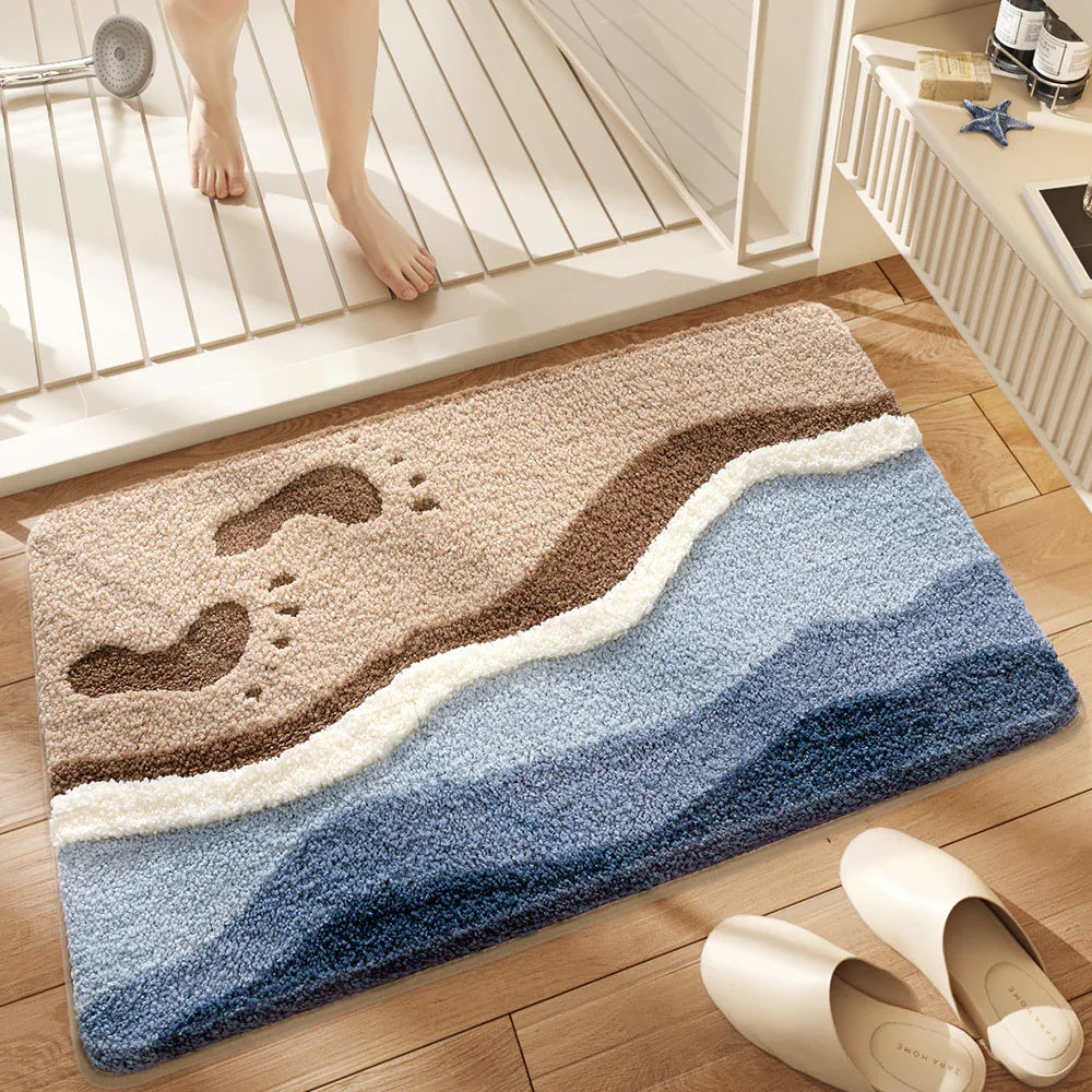 Premium Bath Mat with 8X Water Absorption & Non-Slip Base(Footprints by the seaside) - Mekamart Australia