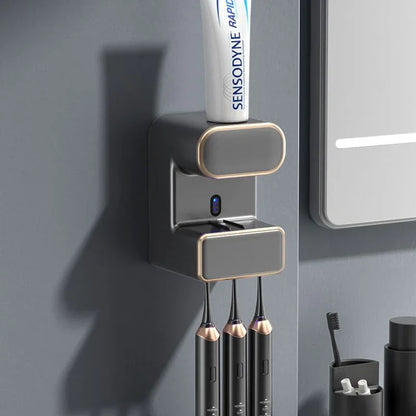 Automatic Toothpaste Dispenser with UVC Toothbrush Sterilizer & Holder - Wall Mounted, Rechargeable(Grey) - Mekamart Australia