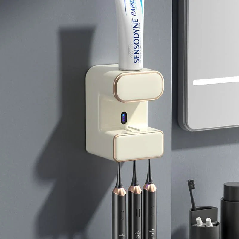 Automatic Toothpaste Dispenser with UVC Toothbrush Sterilizer & Holder - Wall Mounted, Rechargeable(Beige) - Mekamart Australia