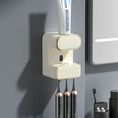 Automatic Toothpaste Dispenser with UVC Toothbrush Sterilizer & Holder - Wall Mounted, Rechargeable(Beige) - Mekamart Australia