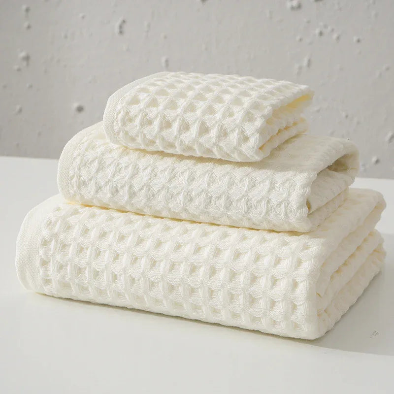 Luxurious 100% Cotton Waffle Weave Towel Set - 3-Piece Absorbent, Quick-Drying & Soft(White) - Mekamart Australia