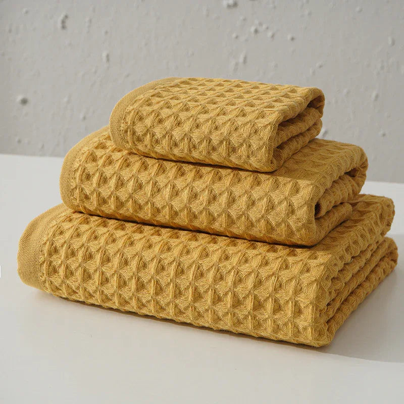 Luxurious 100% Cotton Waffle Weave Towel Set - 3-Piece Absorbent, Quick-Drying & Soft(Yellow) - Mekamart Australia