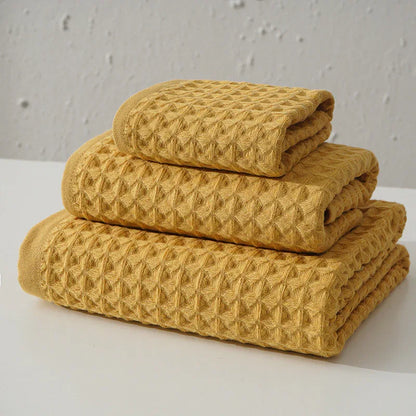 Luxurious 100% Cotton Waffle Weave Towel Set - 3-Piece Absorbent, Quick-Drying & Soft(Yellow) - Mekamart Australia