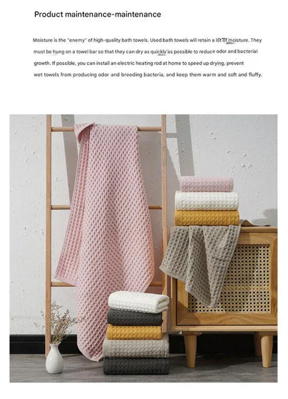 Luxurious 100% Cotton Waffle Weave Towel Set - 3-Piece Absorbent, Quick-Drying & Soft(Yellow) - Mekamart Australia