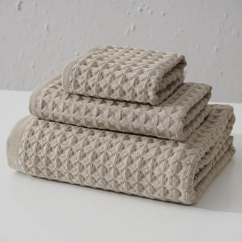 Luxurious 100% Cotton Waffle Weave Towel Set - 3-Piece Absorbent, Quick-Drying & Soft(Light Brown) - Mekamart Australia