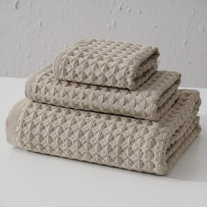 Luxurious 100% Cotton Waffle Weave Towel Set - 3-Piece Absorbent, Quick-Drying & Soft(Light Brown) - Mekamart Australia