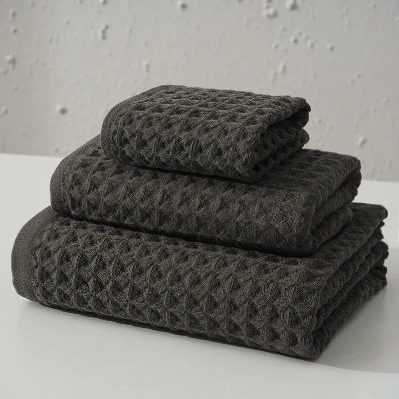 Luxurious 100% Cotton Waffle Weave Towel Set - 3-Piece Absorbent, Quick-Drying & Soft(Dark Brown) - Mekamart Australia