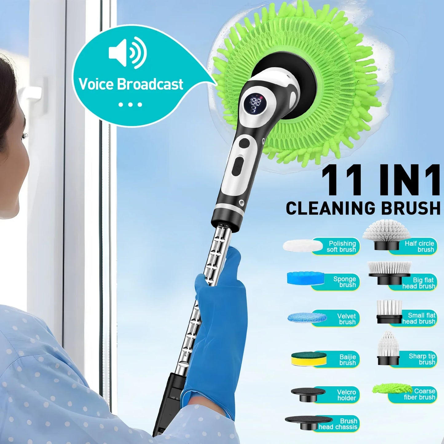 Multi-Functional Electric Spin Scrubber with Voice Broadcast, 9 Heads, Adjustable Extension Handle & LED Display(Black and White) - Mekamart Australia
