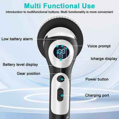 Multi-Functional Electric Spin Scrubber with Voice Broadcast, 9 Heads, Adjustable Extension Handle & LED Display(Black and White) - Mekamart Australia
