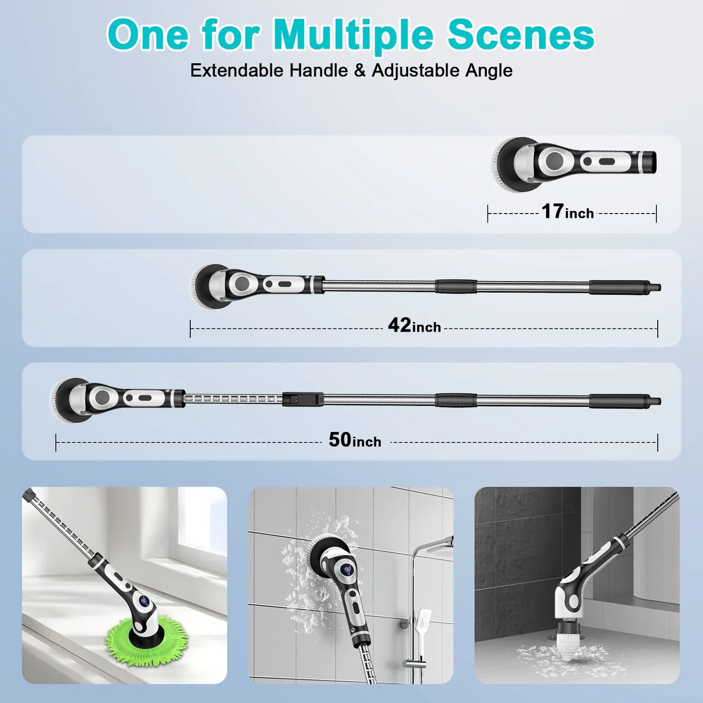 Multi-Functional Electric Spin Scrubber with Voice Broadcast, 9 Heads, Adjustable Extension Handle & LED Display(Black and White) - Mekamart Australia