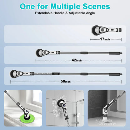 Multi-Functional Electric Spin Scrubber with Voice Broadcast, 9 Heads, Adjustable Extension Handle & LED Display(Black and White) - Mekamart Australia