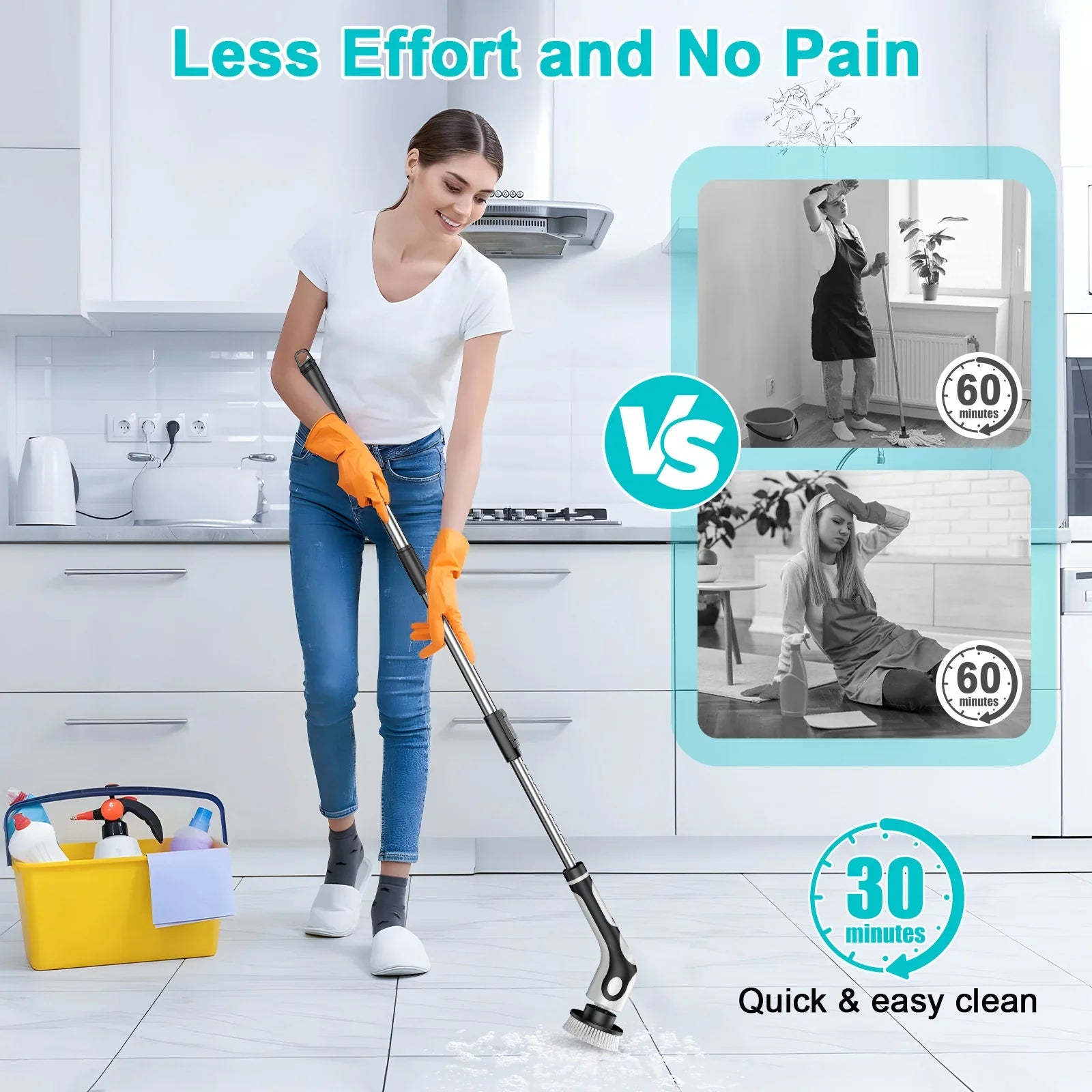 Multi-Functional Electric Spin Scrubber with Voice Broadcast, 9 Heads, Adjustable Extension Handle & LED Display(Black and White) - Mekamart Australia