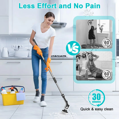 Multi-Functional Electric Spin Scrubber with Voice Broadcast, 9 Heads, Adjustable Extension Handle & LED Display(Black and White) - Mekamart Australia