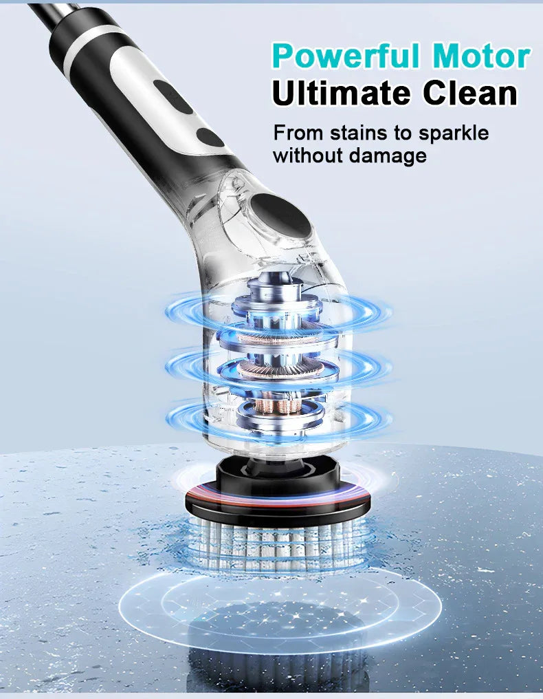 Multi-Functional Electric Spin Scrubber with Voice Broadcast, 9 Heads, Adjustable Extension Handle & LED Display(Black and White) - Mekamart Australia