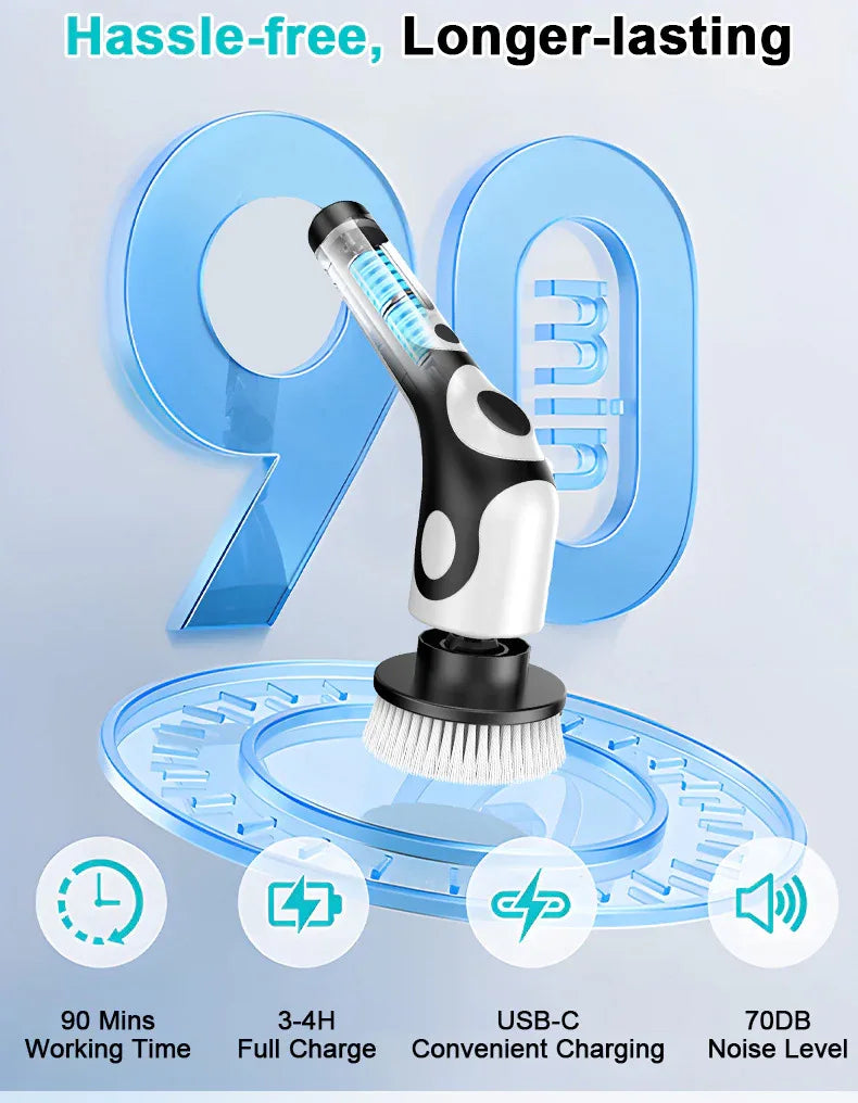 Multi-Functional Electric Spin Scrubber with Voice Broadcast, 9 Heads, Adjustable Extension Handle & LED Display(Black and White) - Mekamart Australia