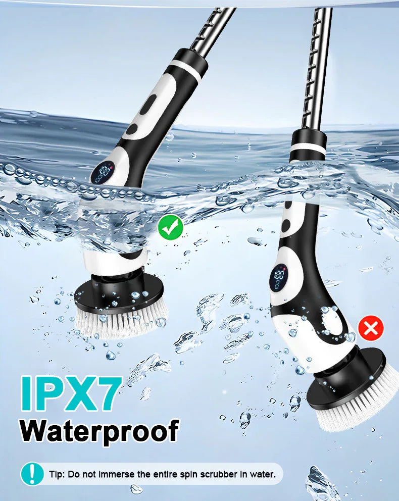 Multi-Functional Electric Spin Scrubber with Voice Broadcast, 9 Heads, Adjustable Extension Handle & LED Display(Black and White) - Mekamart Australia