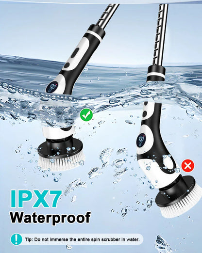 Multi-Functional Electric Spin Scrubber with Voice Broadcast, 9 Heads, Adjustable Extension Handle & LED Display(Black and White) - Mekamart Australia