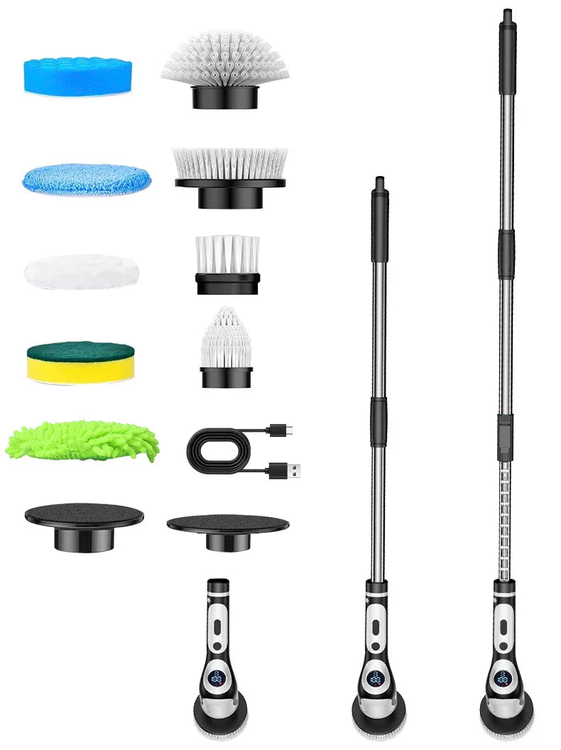 Multi-Functional Electric Spin Scrubber with Voice Broadcast, 9 Heads, Adjustable Extension Handle & LED Display(Black and White) - Mekamart Australia