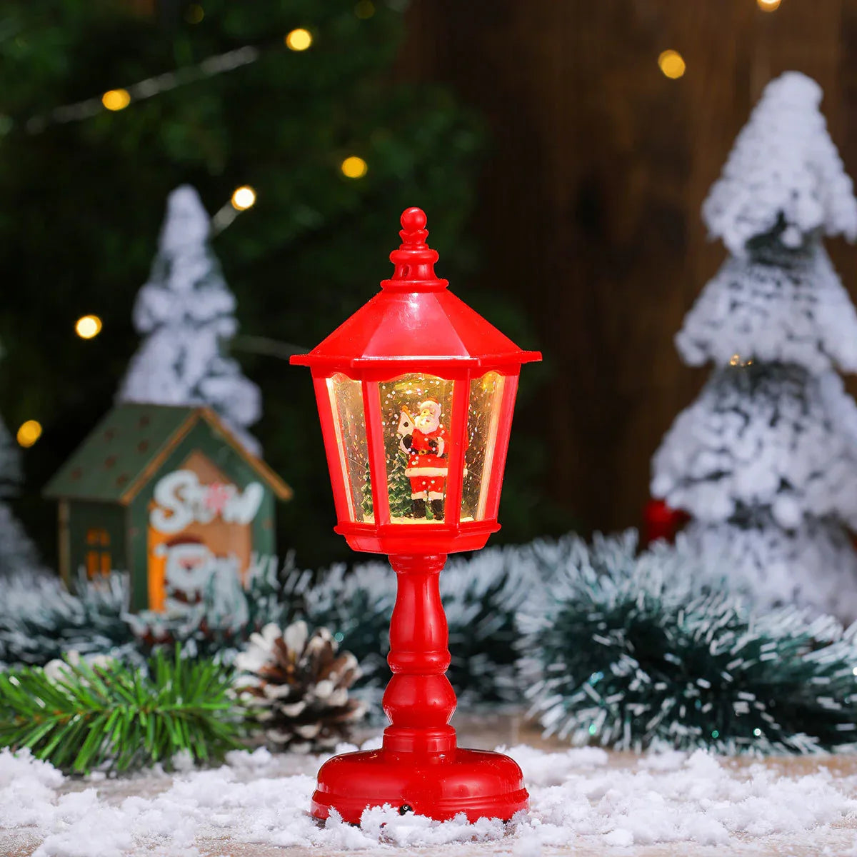 Festive LED Christmas Snow Globe Lantern - Glittering Tabletop Decoration with Santa/Snowman Scene, Dual Power(red) - Mekamart Australia