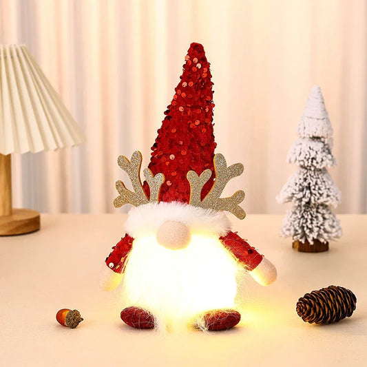 Light-Up Christmas Gnome Plush Doll with Sequin Hat & Antlers - Festive LED Tabletop Decoration(red) - Mekamart Australia