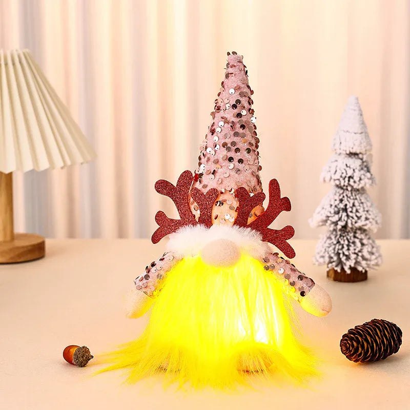 Light-Up Christmas Gnome Plush Doll with Sequin Hat & Antlers - Festive LED Tabletop Decoration(pink) - Mekamart Australia