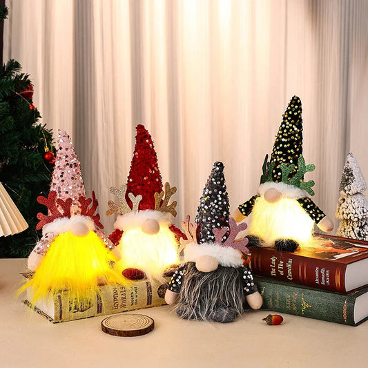 Light-Up Christmas Gnome Plush Doll with Sequin Hat & Antlers - Festive LED Tabletop Decoration(gold) - Mekamart Australia