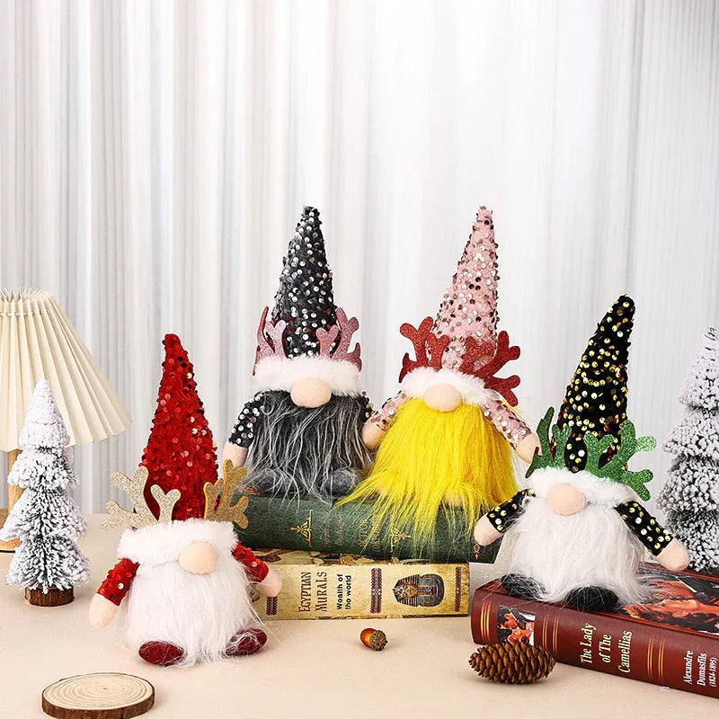 Light-Up Christmas Gnome Plush Doll with Sequin Hat & Antlers - Festive LED Tabletop Decoration(gold) - Mekamart Australia